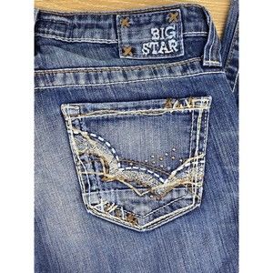 Big Star Women’s Maddie Boot Jeans 28XL Mid Rise Stretch‎ Blue Denim Distressed